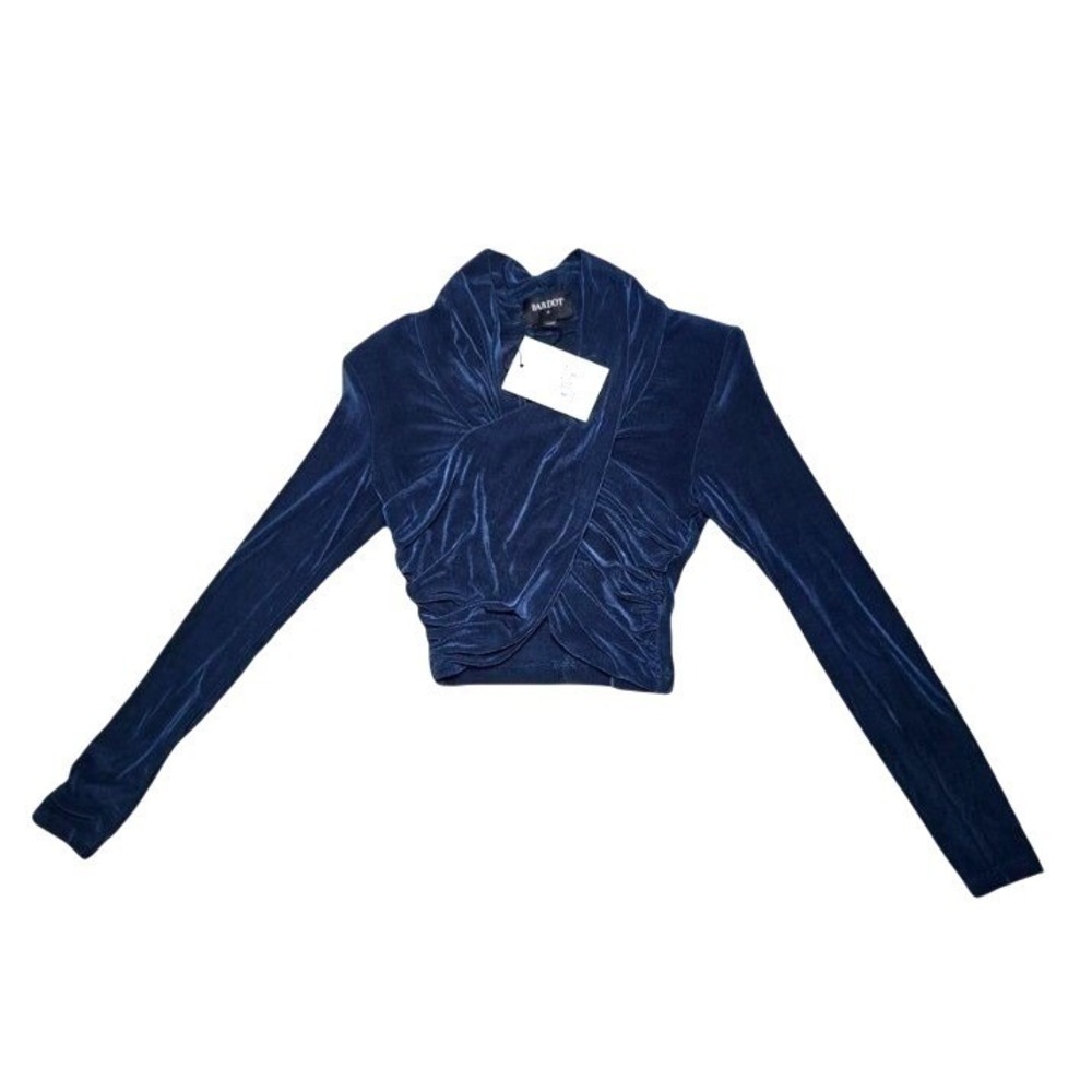 BARDOT Navy Blue Velvet Wrap Front Ruched Cropped Long Sleeve Top XS
